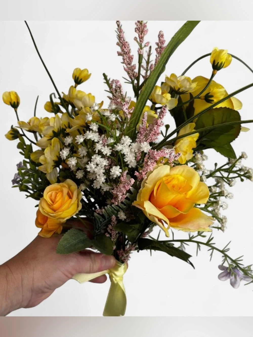 Yellow and Cream Faux Floral Centerpiece in Metal Planter